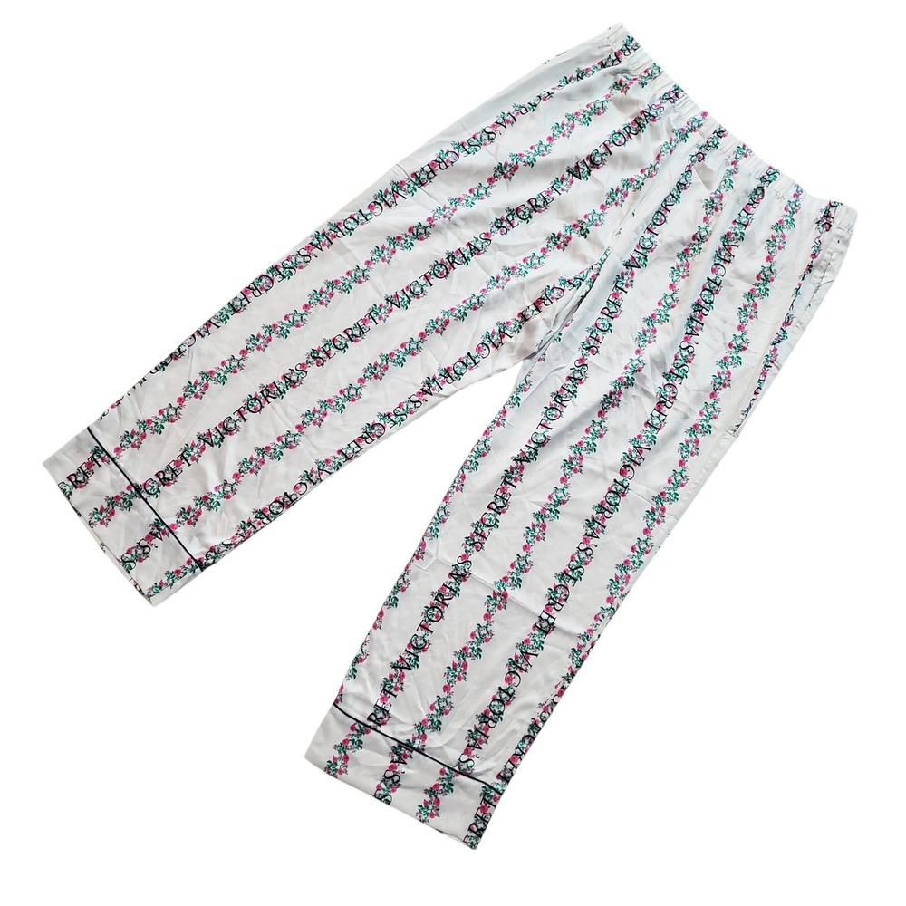 Victorias Secret XL Short White Pink Floral Logo Stripe Satin Pajama Pants